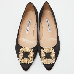 Pre Owned Manolo Blahnik Black Satin Hangisi Ballet Flats Size 37.5