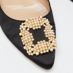 Pre Owned Manolo Blahnik Black Satin Hangisi Ballet Flats Size 37.5