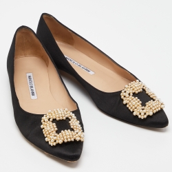 Pre Owned Manolo Blahnik Black Satin Hangisi Ballet Flats Size 37.5