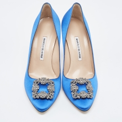 Pre Owned Manolo Blahnik Blue Satin Hangisi Pumps Size 41