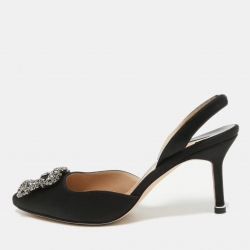 Pre Owned Manolo Blahnik Black Satin Hangisli Slingback Pumps Size 37