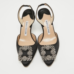 Pre Owned Manolo Blahnik Black Satin Hangisli Slingback Pumps Size 37