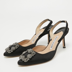 Pre Owned Manolo Blahnik Black Satin Hangisli Slingback Pumps Size 37