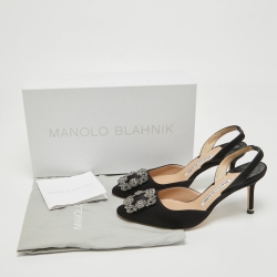 Pre Owned Manolo Blahnik Black Satin Hangisli Slingback Pumps Size 37