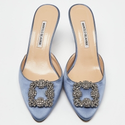 Pre Owned Manolo Blahnik Blue Satin Hangisimu Mules Size 40