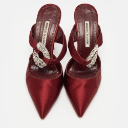 Pre Owned Manolo Blahnik Burgundy Satin Maidugur Mules Size 40
