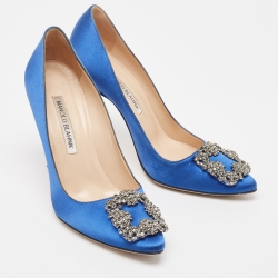 Pre Owned Manolo Blahnik Blue Satin Hangisi Pumps Size 37.5
