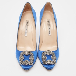 Pre Owned Manolo Blahnik Blue Satin Hangisi Pumps Size 37.5