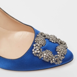 Pre Owned Manolo Blahnik Blue Satin Hangisi Pumps Size 37.5