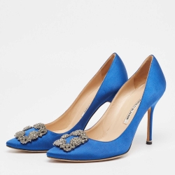 Pre Owned Manolo Blahnik Blue Satin Hangisi Pumps Size 38.5