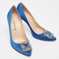Pre Owned Manolo Blahnik Blue Satin Hangisi Pumps Size 38.5