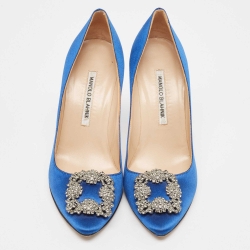 Pre Owned Manolo Blahnik Blue Satin Hangisi Pumps Size 38.5