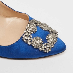 Pre Owned Manolo Blahnik Blue Satin Hangisi Pumps Size 38.5
