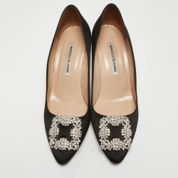 Pre Owned Manolo Blahnik Black Satin Hangisi Pumps Size 38.5