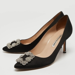 Pre Owned Manolo Blahnik Black Satin Hangisi Pumps Size 38.5