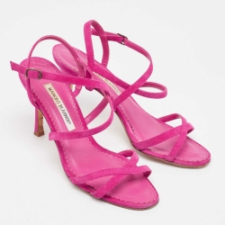 Manolo Blahnik Purple Suede Bayan Ankle Wrap Sandals Size 37