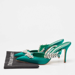 Pre Owned Manolo Blahnik Green Satin Crystal Embellished Lurum Mules Size 39