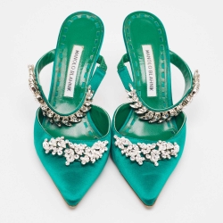 Pre Owned Manolo Blahnik Green Satin Crystal Embellished Lurum Mules Size 39