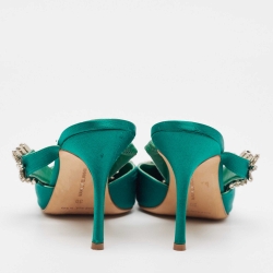 Pre Owned Manolo Blahnik Green Satin Crystal Embellished Lurum Mules Size 39