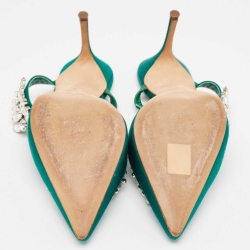 Pre Owned Manolo Blahnik Green Satin Crystal Embellished Lurum Mules Size 39