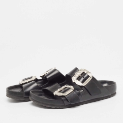 Manolo Blahnik Black Leather Crystal Embellished Buckle Flat Sandals Size 38
