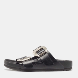 Manolo Blahnik Black Leather Crystal Embellished Buckle Flat Sandals Size 38