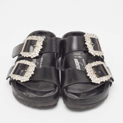 Manolo Blahnik Black Leather Crystal Embellished Buckle Flat Sandals Size 38
