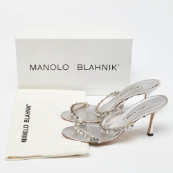 مملوكة مسبقًا Manolo Blahnik Silver Leather Diora Slide Sandals Size 39.5