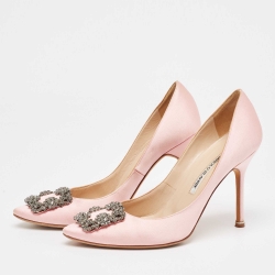 Pre Owned Manolo Blahnik Pink Satin Hangisi Pumps Size 38.5