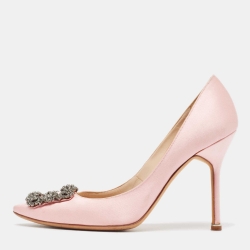 Pre Owned Manolo Blahnik Pink Satin Hangisi Pumps Size 38.5