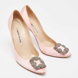 Pre Owned Manolo Blahnik Pink Satin Hangisi Pumps Size 38.5