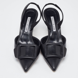 Pre Owned Manolo Blahnik Black Leather Maysli Slingback Pumps Size 38.5