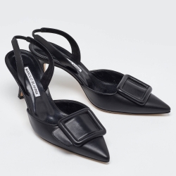 Pre Owned Manolo Blahnik Black Leather Maysli Slingback Pumps Size 38.5