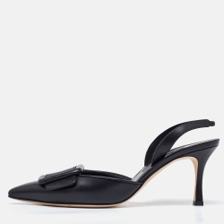 Pre Owned Manolo Blahnik Black Leather Maysli Slingback Pumps Size 38.5