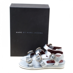 Pre Owned Marc By Marc Jacobs Grey Satin Crystal Embellished Buckle Flat Strappy Sandals Size 38.5