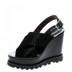 Pre Owned Marc by Marc Jacobs Black Pony Hair and Leather Irving Platform Wedge Sandals Size 38.5