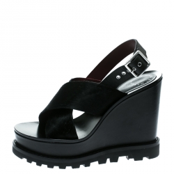 Pre Owned Marc by Marc Jacobs Black Pony Hair and Leather Irving Platform Wedge Sandals Size 38.5