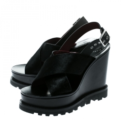 Pre Owned Marc by Marc Jacobs Black Pony Hair and Leather Irving Platform Wedge Sandals Size 38.5