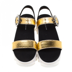 Pre Owned Marc by Marc Jacobs Metallic Gold Embossed Snakeskin Leather Ninja Wave Platform Sandals Size 39