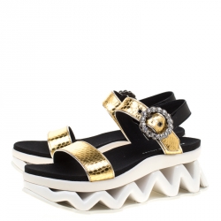 Pre Owned Marc by Marc Jacobs Metallic Gold Embossed Snakeskin Leather Ninja Wave Platform Sandals Size 39
