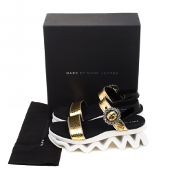 Pre Owned Marc by Marc Jacobs Metallic Gold Embossed Snakeskin Leather Ninja Wave Platform Sandals Size 39