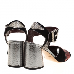 Pre Owned Marc by Marc Jacobs Red/Black Embossed Snakeskin Leather And Suede Cheryl Block Heel Ankle Strap Sandals Size 37