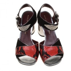 Pre Owned Marc by Marc Jacobs Red/Black Embossed Snakeskin Leather And Suede Cheryl Block Heel Ankle Strap Sandals Size 37