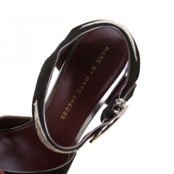 Pre Owned Marc by Marc Jacobs Red/Black Embossed Snakeskin Leather And Suede Cheryl Block Heel Ankle Strap Sandals Size 37