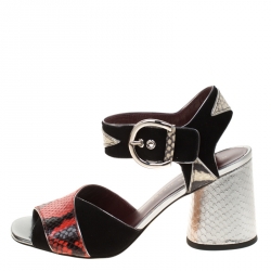 Pre Owned Marc by Marc Jacobs Red/Black Embossed Snakeskin Leather And Suede Cheryl Block Heel Ankle Strap Sandals Size 37