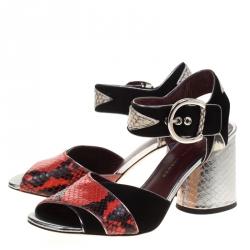 Pre Owned Marc by Marc Jacobs Red/Black Embossed Snakeskin Leather And Suede Cheryl Block Heel Ankle Strap Sandals Size 37