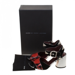 Pre Owned Marc by Marc Jacobs Red/Black Embossed Snakeskin Leather And Suede Cheryl Block Heel Ankle Strap Sandals Size 37