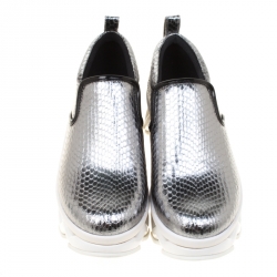 Pre Owned Marc by Marc Jacobs Metallic Silver Embossed Snakeskin Leather Ninja Wave Platform Slip On Sneakers Size 38