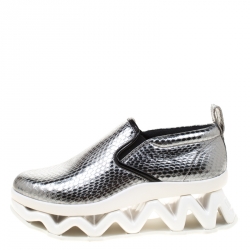 Pre Owned Marc by Marc Jacobs Metallic Silver Embossed Snakeskin Leather Ninja Wave Platform Slip On Sneakers Size 38