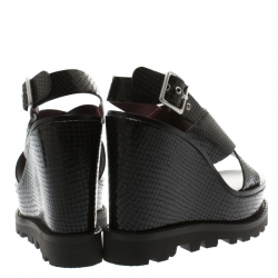 Pre Owned Marc by Marc Jacobs Black Embossed Snakeskin Leather Irving Cross Strap Wedge Sandals Size 35.5